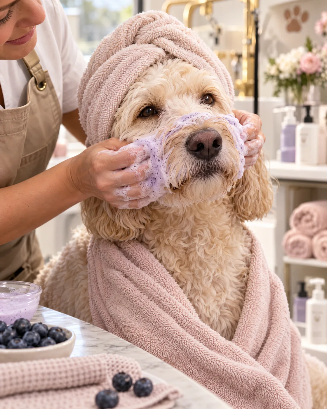 Dog receiving a gentle blueberry facial