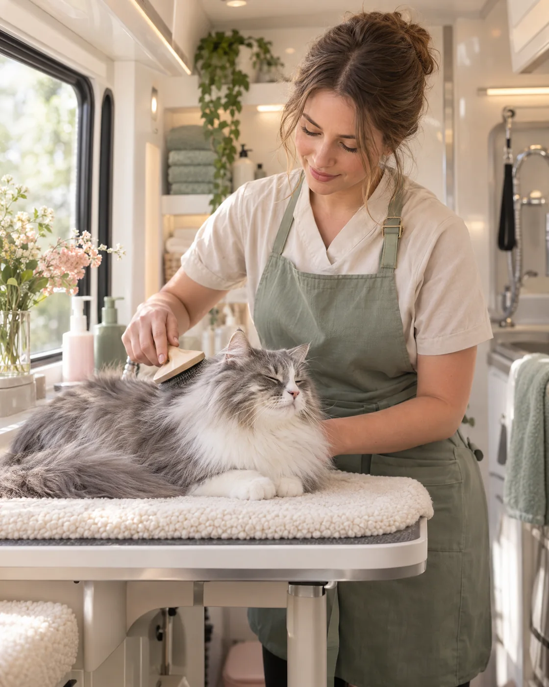 Cat receiving gentle professional grooming