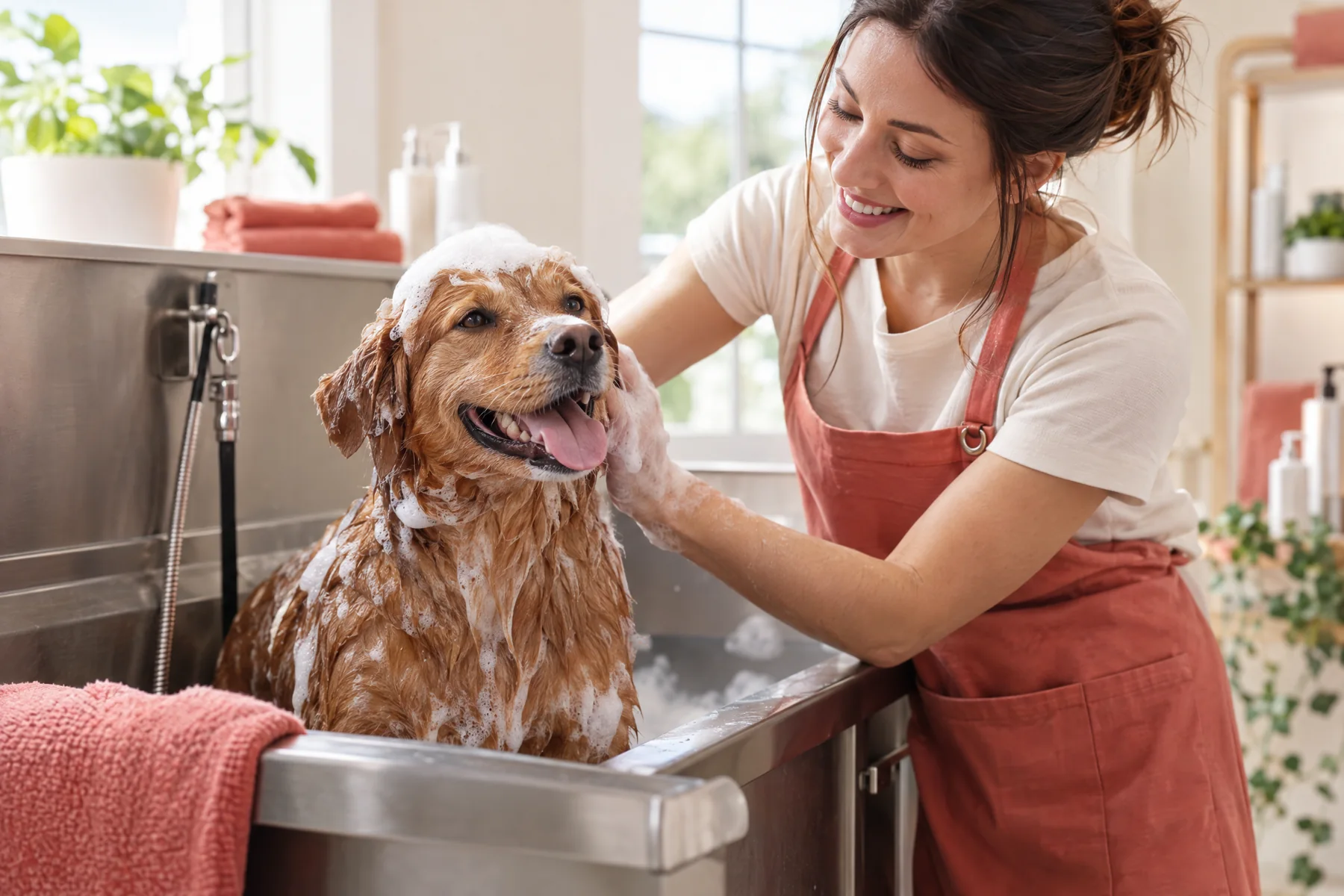 Dog receiving a gentle professional bath