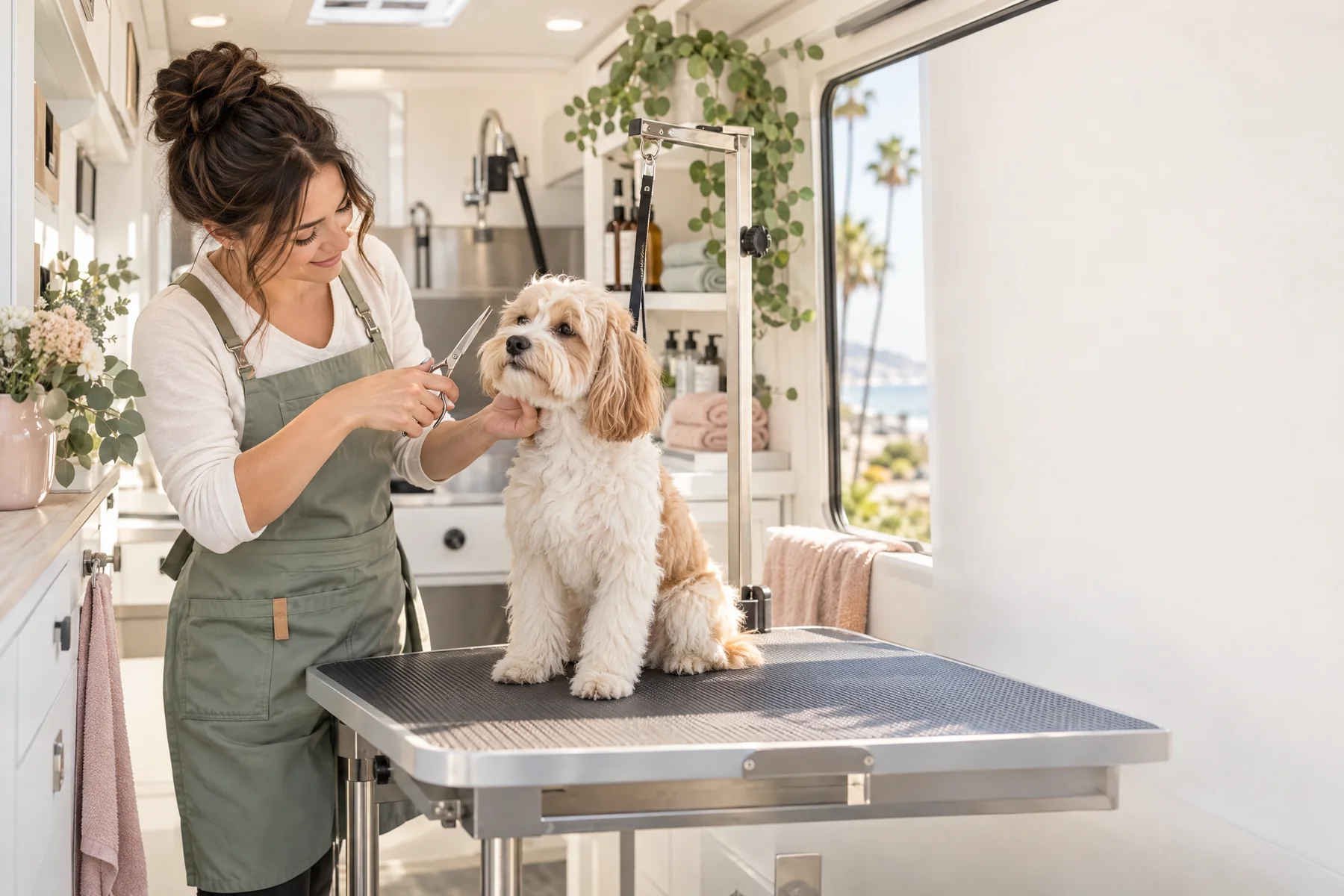 Dog receiving a professional haircut