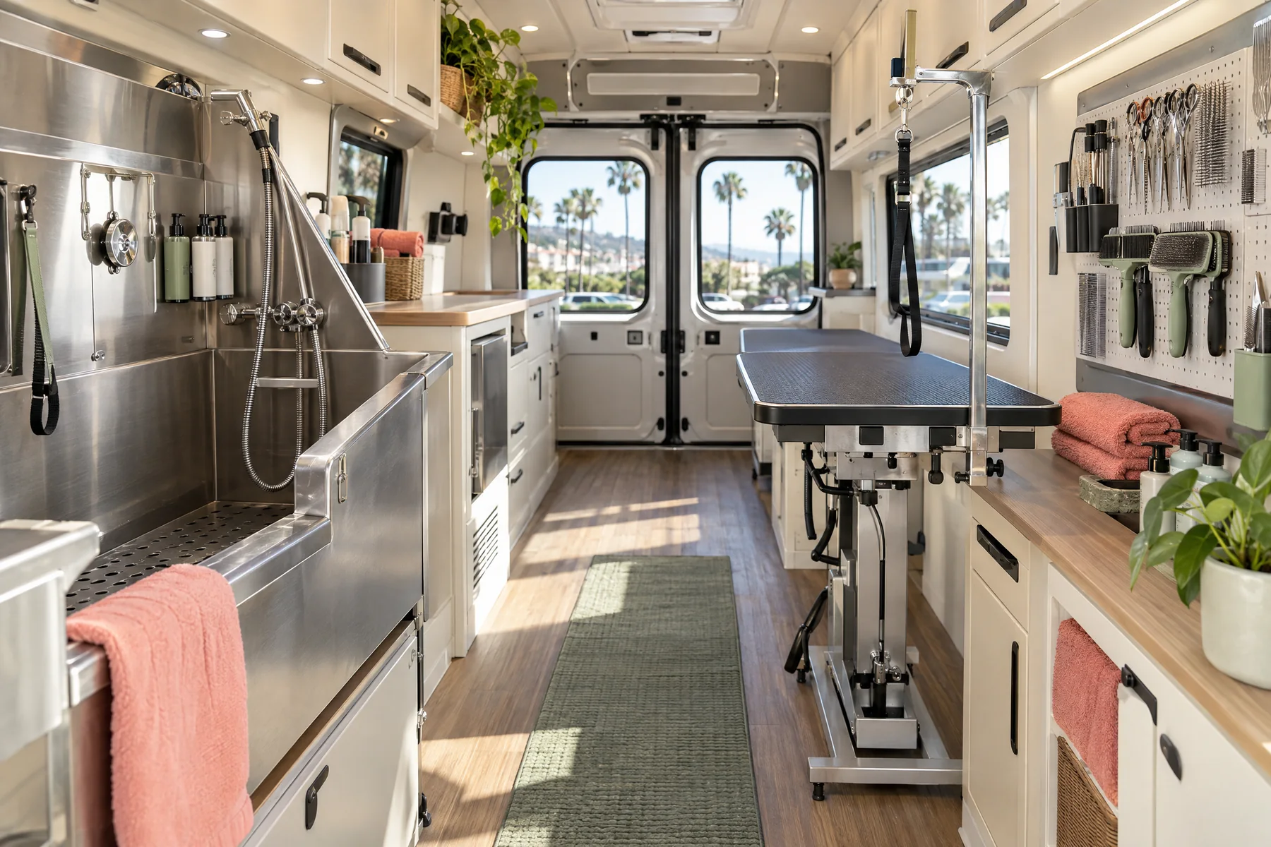 Clean professional interior of the Muttcutts mobile grooming van